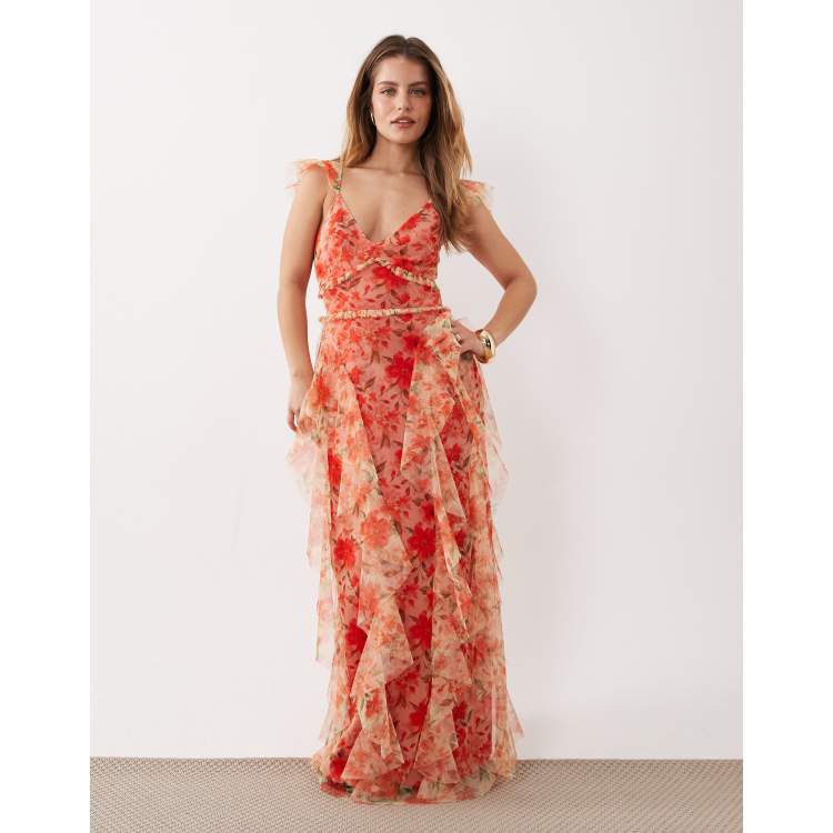 chinese dress ladies Rose Print A Line Corset Midi Dress in Pink