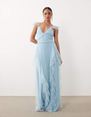 Lace & Beads Petite Ruffle Tulle Ruffle Strap Maxi Dress In Blue