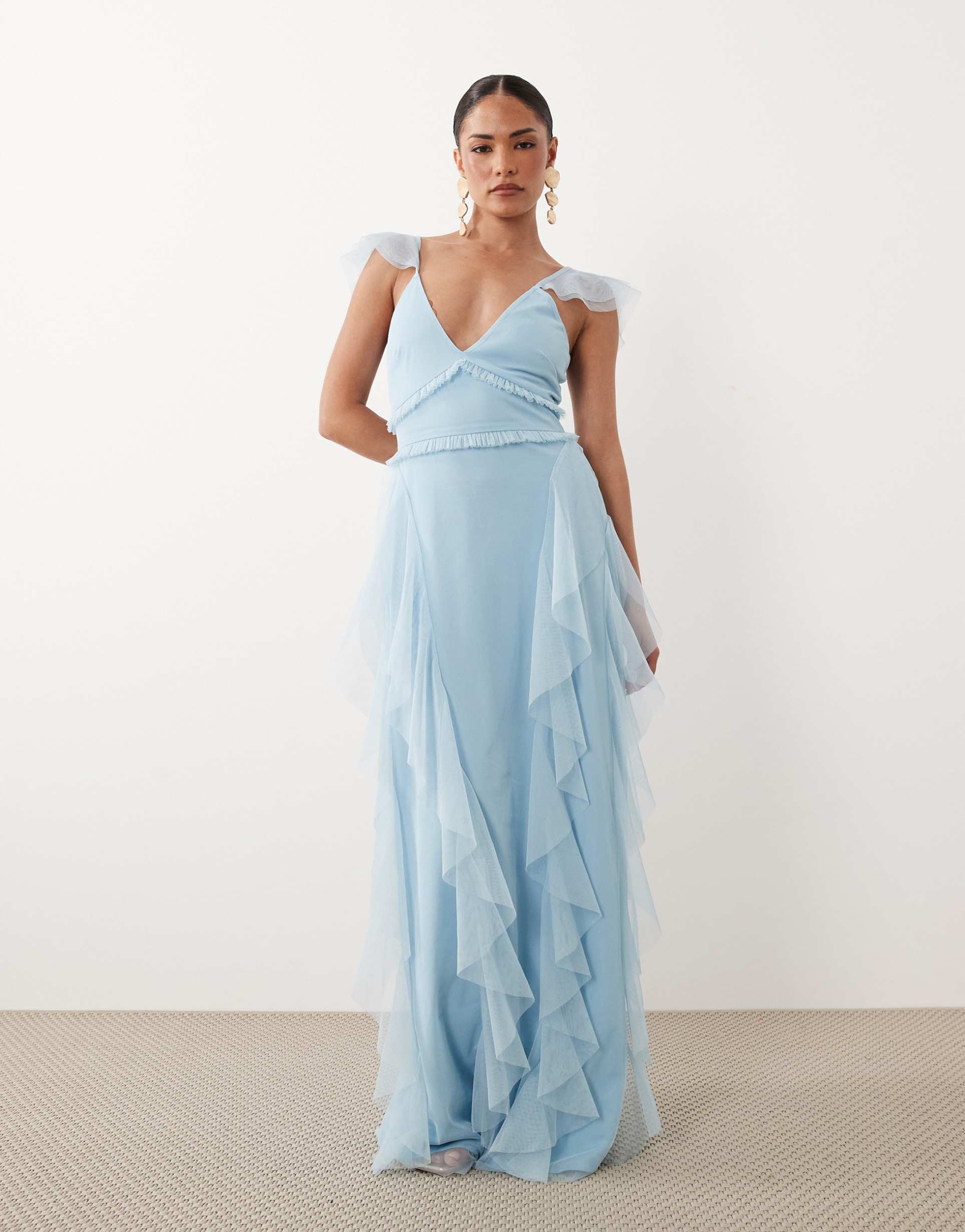 lace & beads petite ruffle tulle ruffle strap maxi dress in baby blue