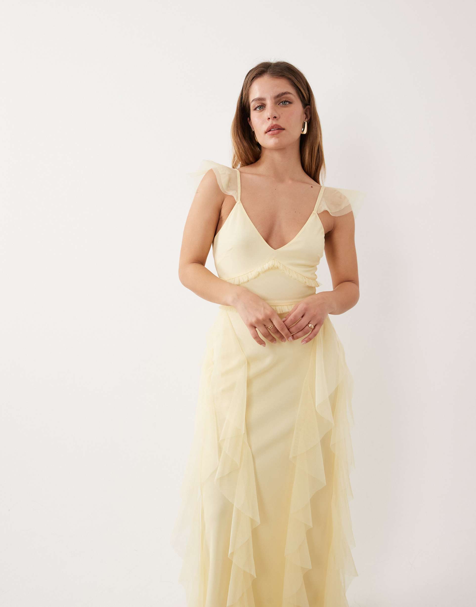 lace & beads petite ruffled tulle maxi dress in lemon