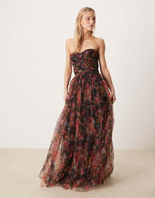 Lace & Beads Petite scarf neck corset tulle maxi dress in black floral  print | ASOS