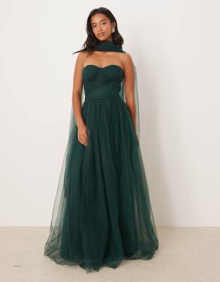 Lace & Beads Petite Scarf Neck Corset Tulle Maxi Dress In Green