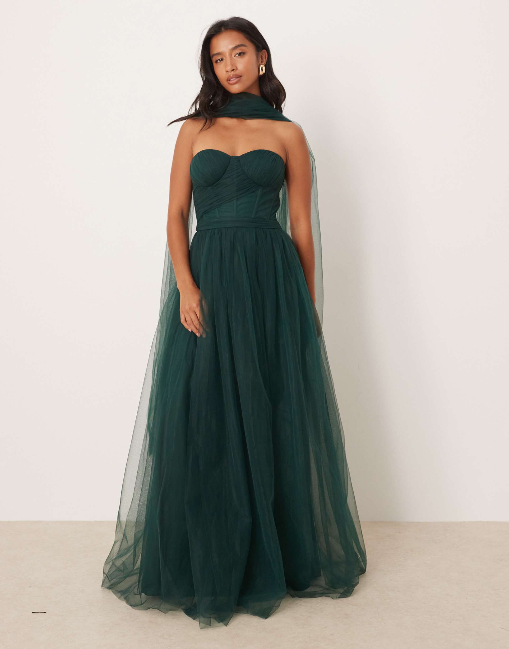 lace & beads petite scarf neck corset tulle maxi dress in forest green
