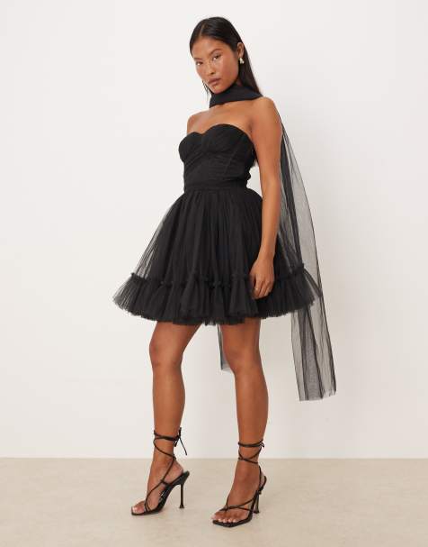 Lace & Beads Petite scarf neck corset tulle mini dress in black - view 1
