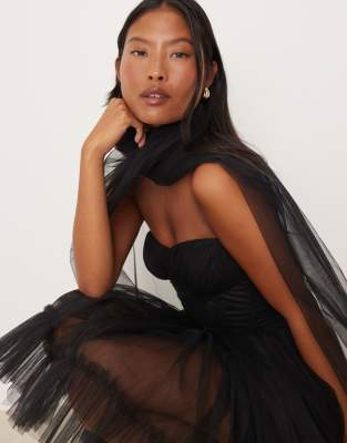 Lace & Beads Petite Scarf Neck Corset Tulle Mini Dress In Black