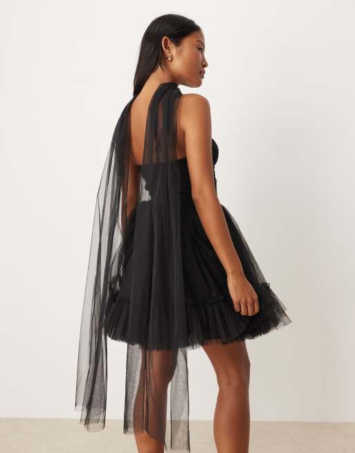 Lace & Beads Petite scarf neck corset tulle mini dress in black | ASOS