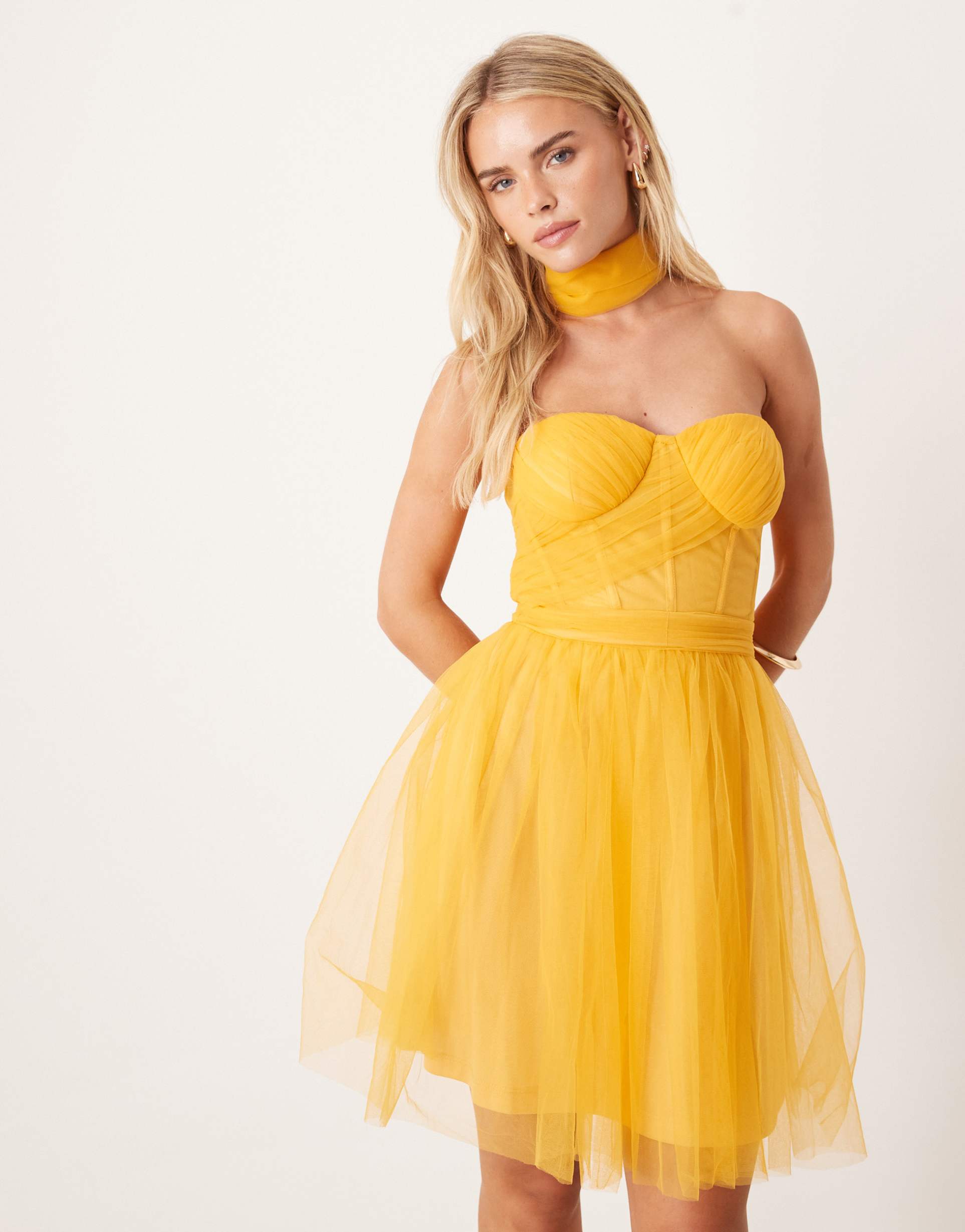 lace & beads petite scarf neck corset tulle mini dress in butterscotch