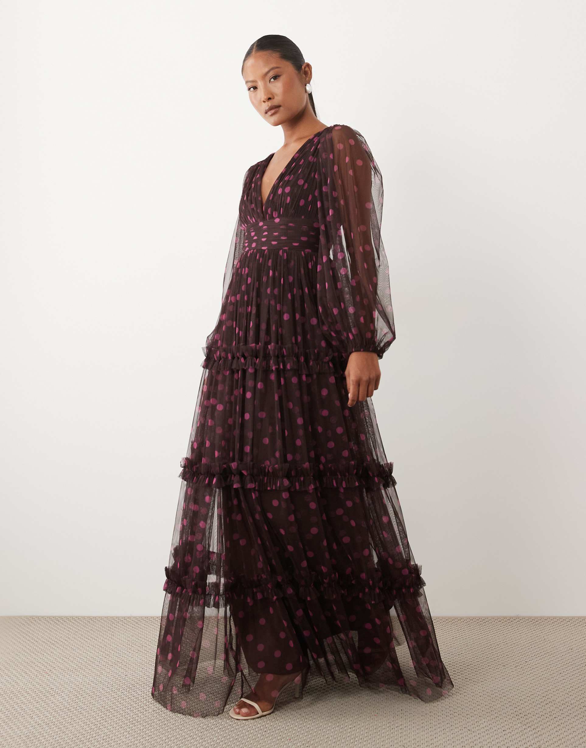 lace & beads petite sheer balloon sleeve plunge neck tiered tulle maxi dress in purple polka-dot print
