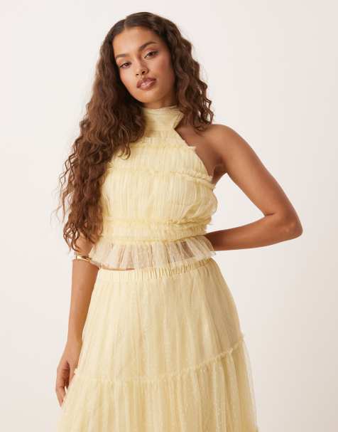 Lace & Beads Petite shirred backless top co-ord in lemon