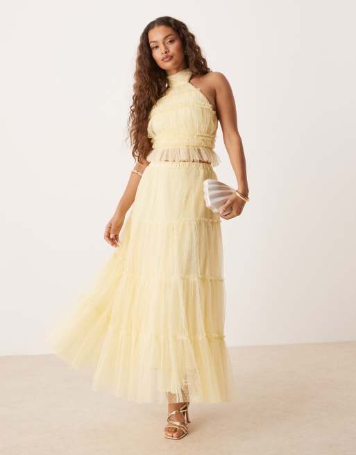 Lace & Beads Petite shirred backless top in lemon (part of a set), 4 of 4