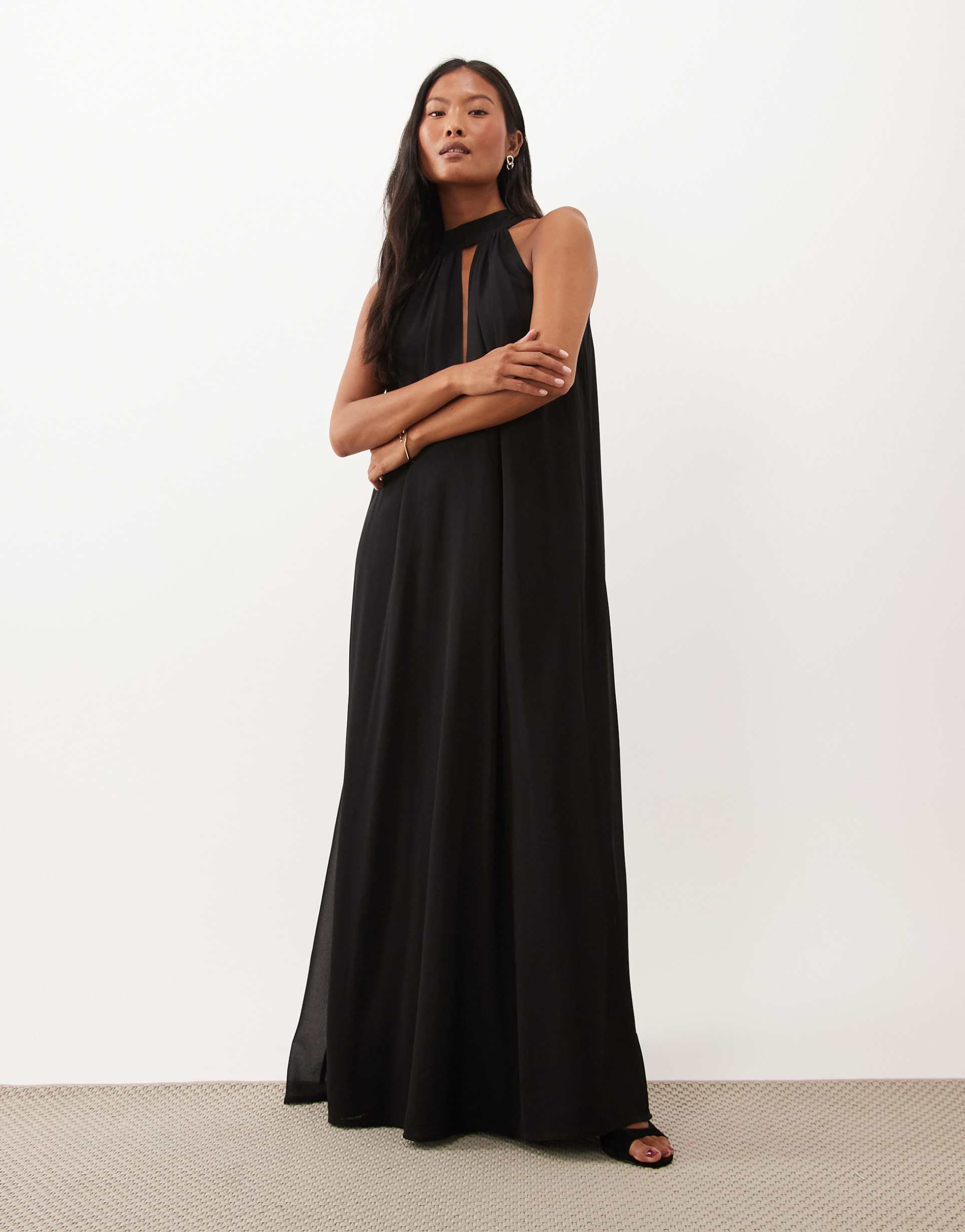 lace & beads petite sleeveless choker detail trapeze maxi dress in black