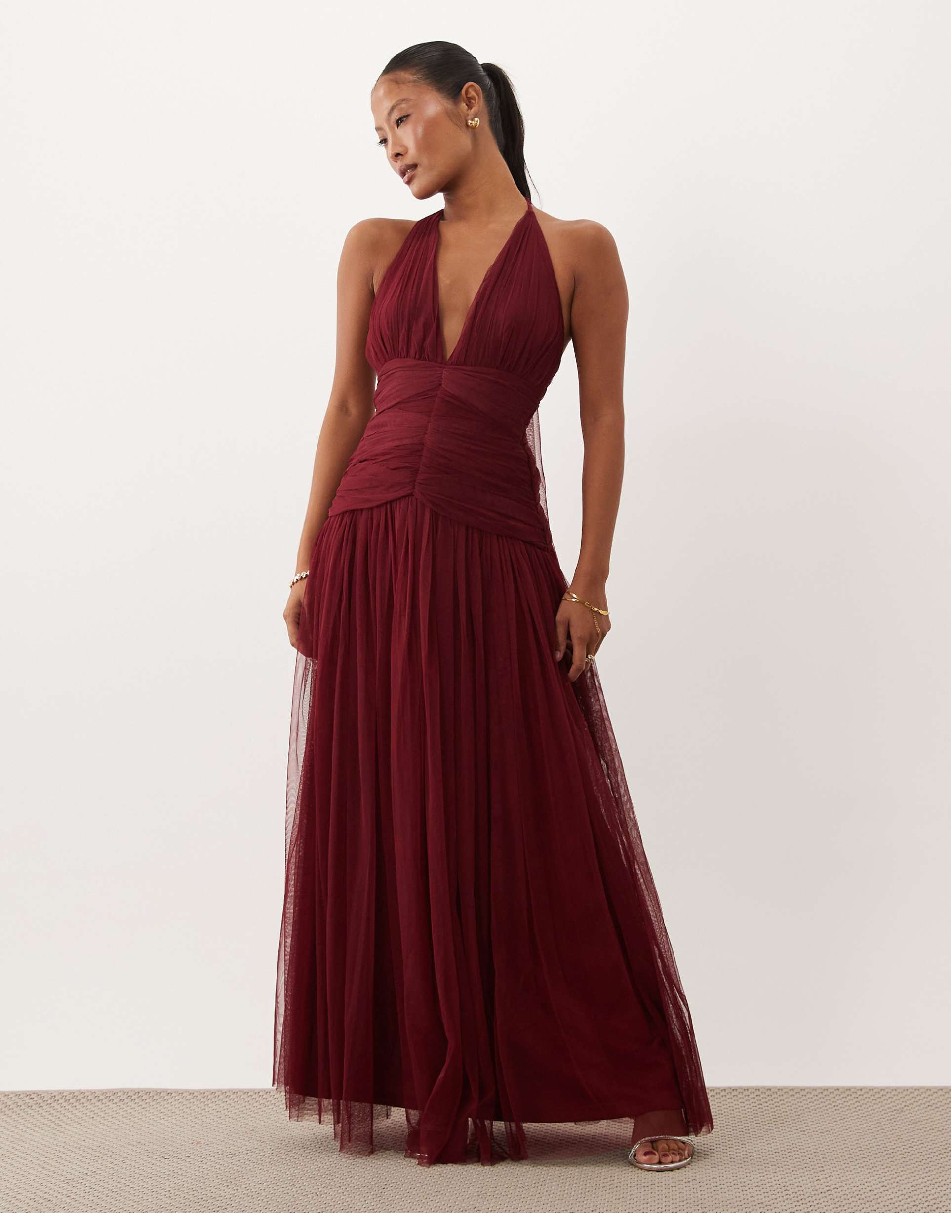 lace & beads petite structured halter neck dropped waist maxi dress in raspberry