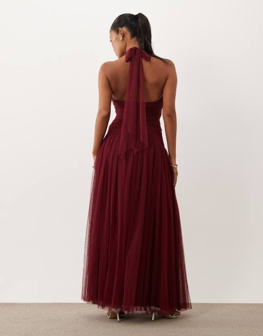 Lace & Beads Petite structured halter neck dropped waist maxi dress in raspberry, 2 of 4