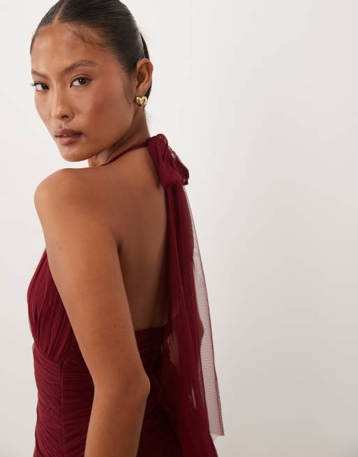 Lace & Beads Petite structured halter neck dropped waist maxi dress in raspberry, 3 of 4