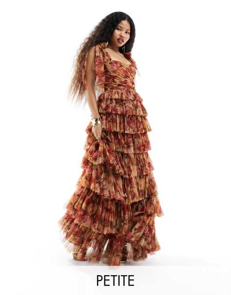 Lace & Beads Petite tiered bow shoulder tulle maxi dress in rose floral - view 1