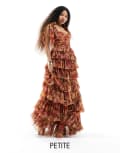 [Lace & Beads Petite] Lace & Beads Petite tiered bow shoulder tulle maxi dress in rose floral-Multi 6 Rose floral