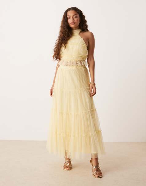 Lace & Beads Petite tiered ruffle maxi skirt co-ord in lemon