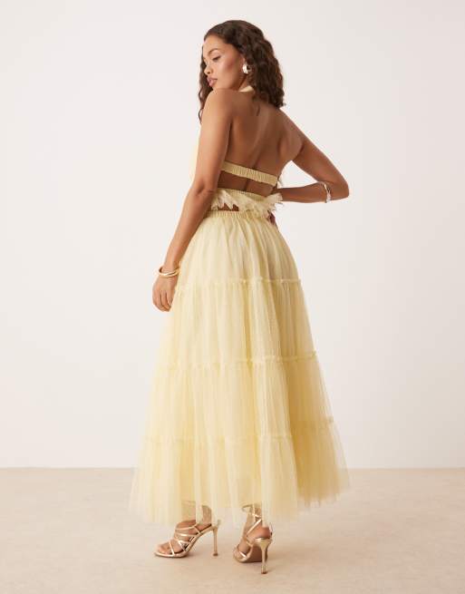 Lace & Beads Petite tiered ruffle maxi skirt co-ord in lemon, 2 of 5