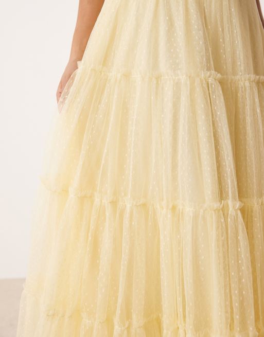 Lace & Beads Petite tiered ruffle maxi skirt co-ord in lemon, 4 of 5