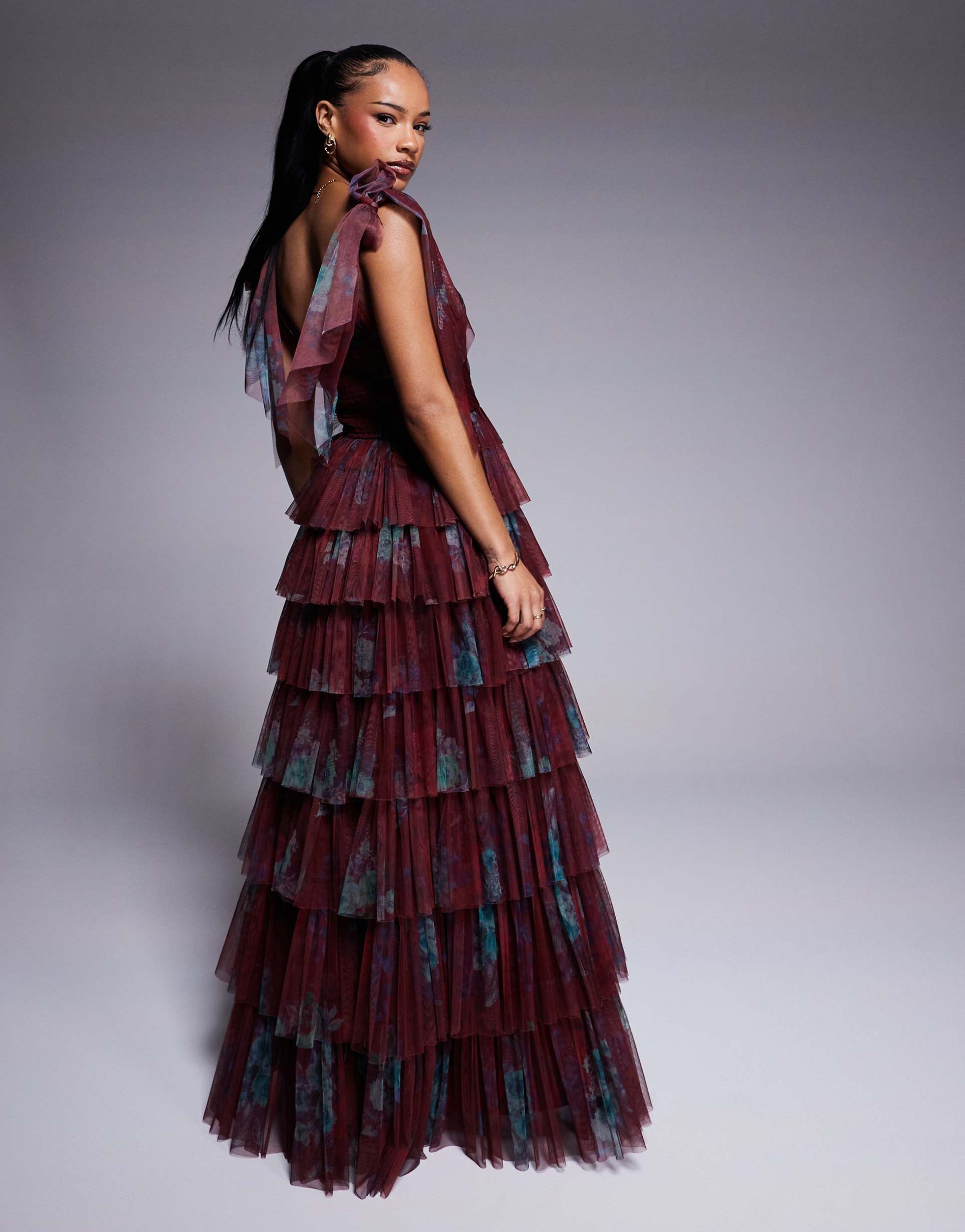 lace & beads petite tiered ruffle midaxi dress in burgundy floral