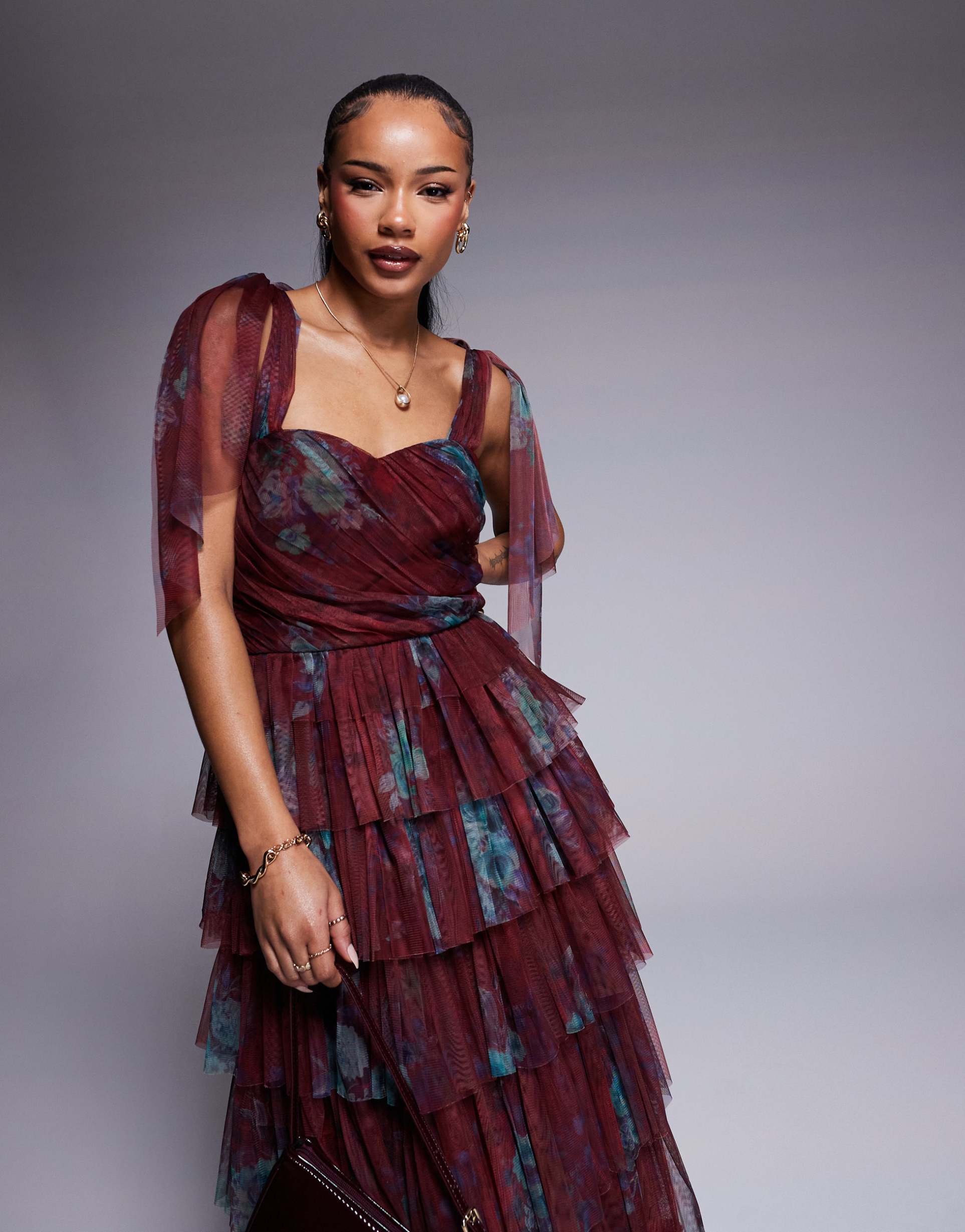 lace & beads petite tiered ruffle midaxi dress in burgundy floral
