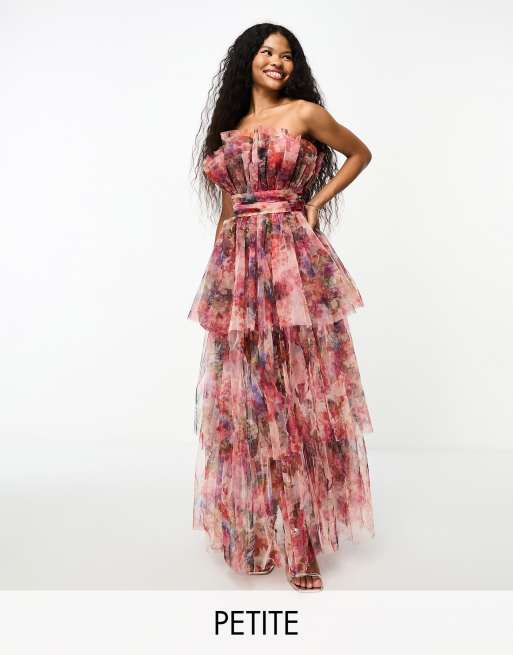 Lace Beads Petite Tragerloses Maxikleid in Kobaltblau mit Blumenmustermix und hinten langerem Saum