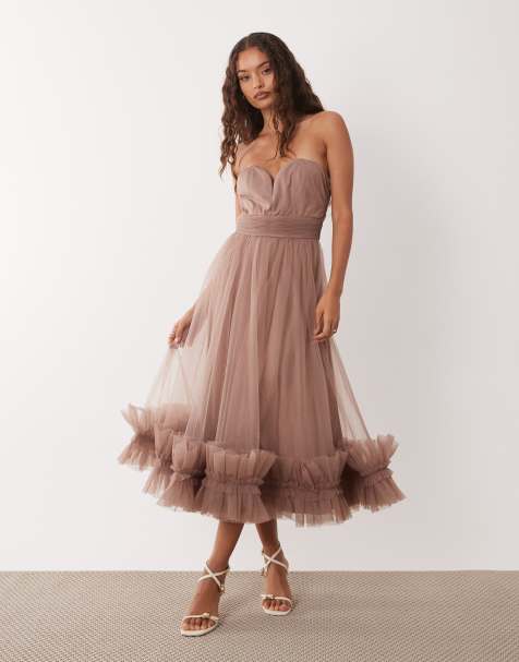 Lace & Beads Petite tulle bandeau midi dress with frill hem in taupe
