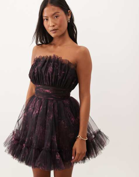 Lace & Beads Petite tulle bandeau structured flippy mini dress in plum floral - view 1