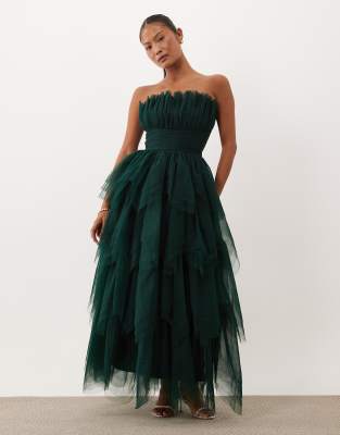 Lace & Beads Petite Tulle Bandeau Tiered Maxi Dress In Green