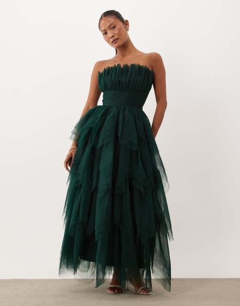 Lace & Beads Petite tulle bandeau tiered maxi dress in emerald - view 1