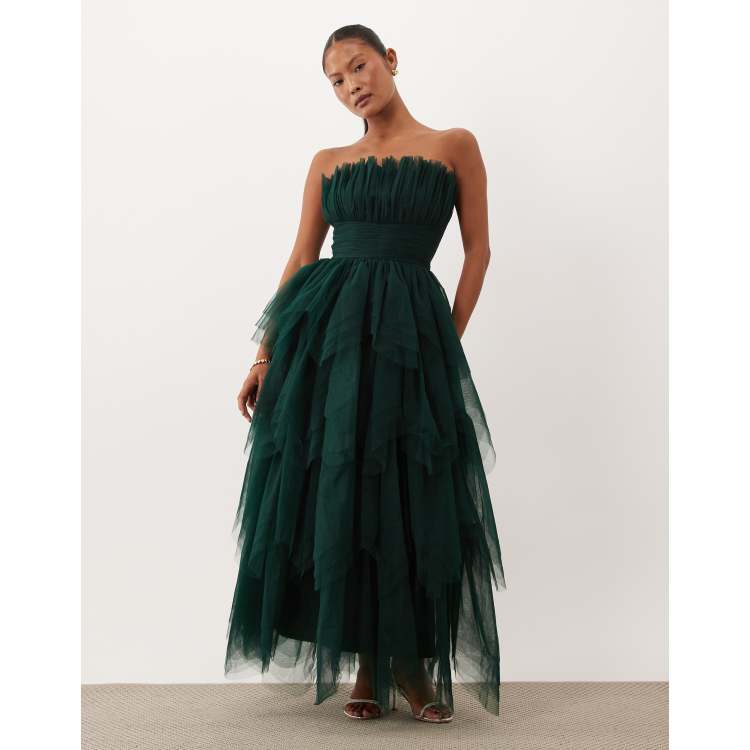 Lace & Beads Petite tulle bandeau tiered maxi dress in emerald