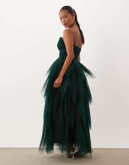 Lace & Beads Petite tulle bandeau tiered maxi dress in emerald, 2 of 4