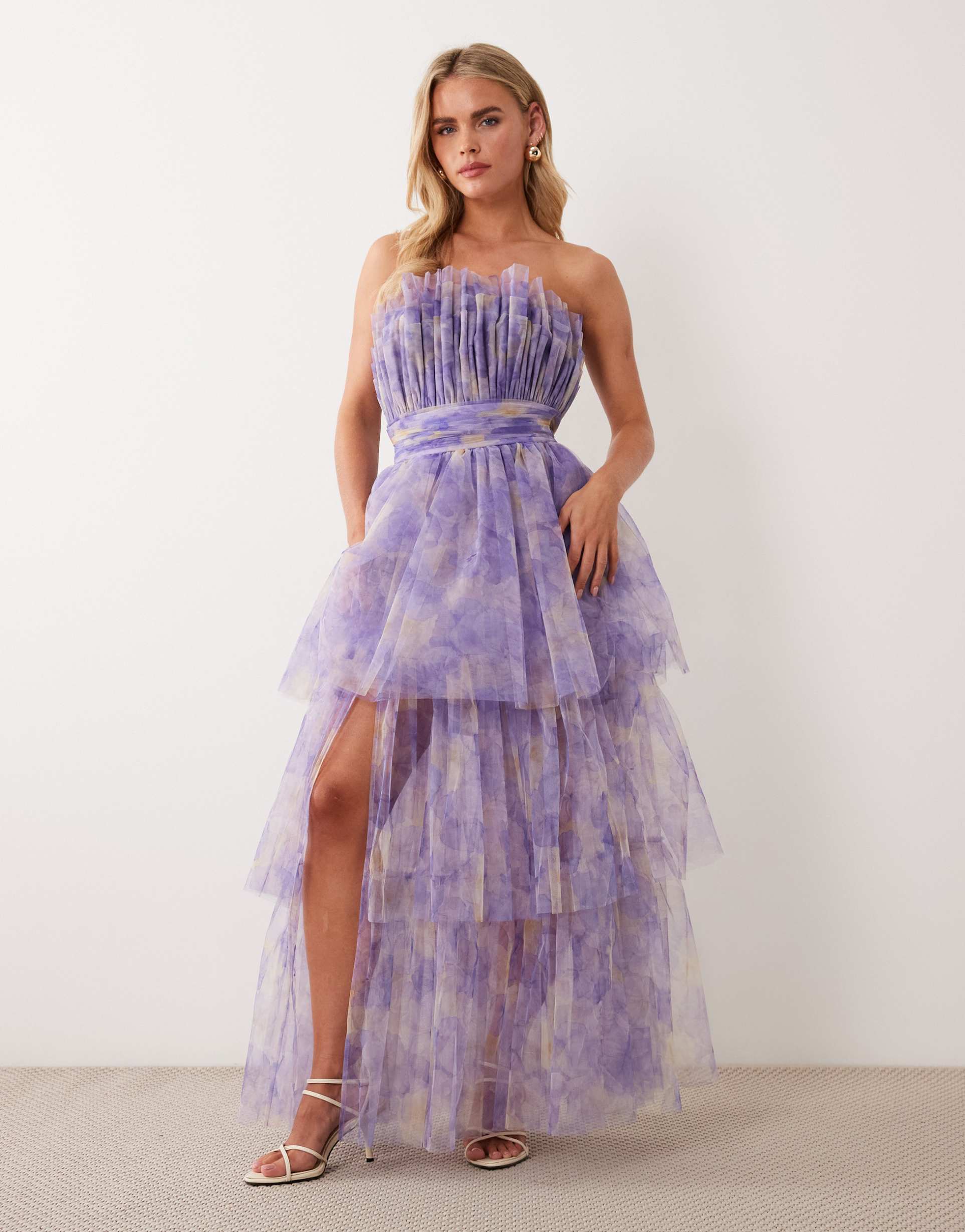 lace & beads petite tulle bandeau tiered maxi dress in lilac floral