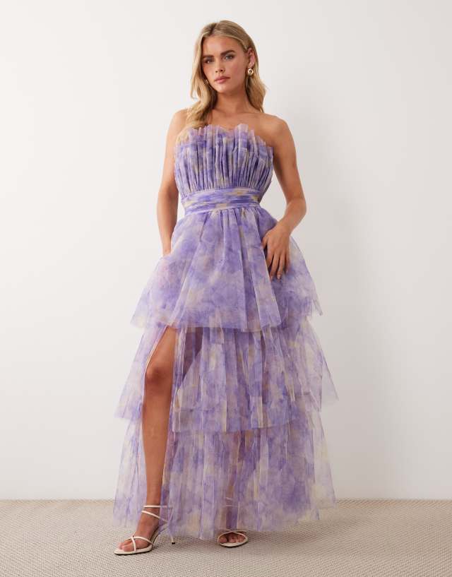lace & beads layered tulle bardot maxi dress in lilac Petite bandeau tiered floral Sylviya Floral Print Sleeveless backless homecoming dress Length:Regular (60