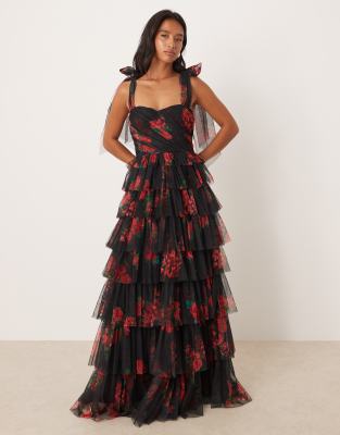 Lace & Beads Petite Tulle Bow Shoulder Maxi Dress In Multi