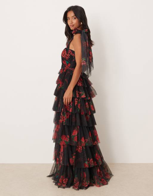 Lace & Beads Petite tulle bow shoulder maxi dress in black rose, 3 of 4