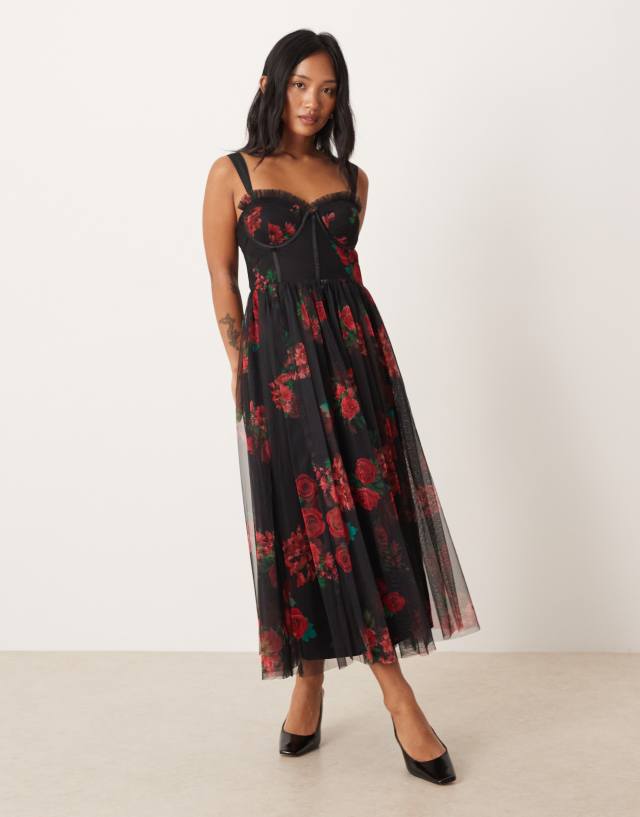 Lace & Beads Petite tulle corset midaxi dress in black rose