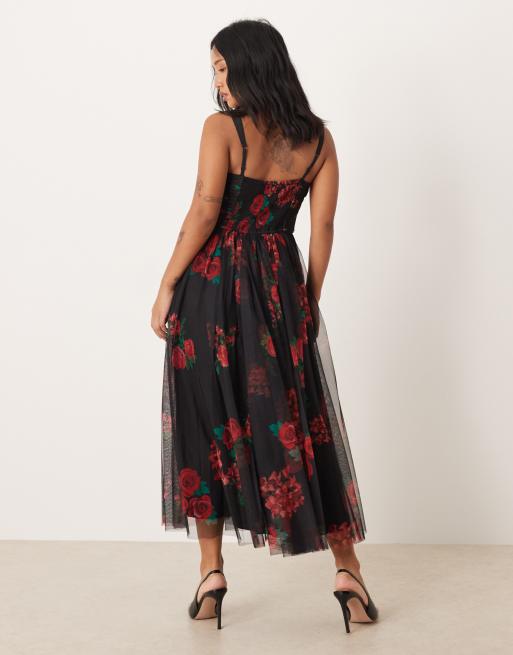 Lace & Beads Petite tulle corset midaxi dress in black rose, 2 of 4