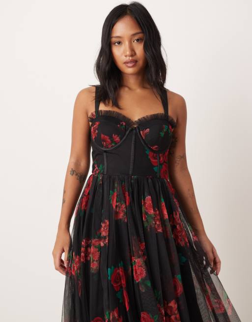 Lace & Beads Petite tulle corset midaxi dress in black rose, 3 of 4
