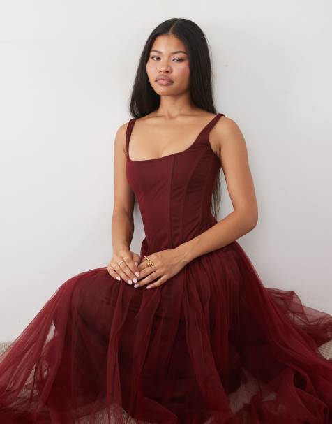 Lace & Beads Petite tulle drop hem corset maxi gown in burgundy - view 1