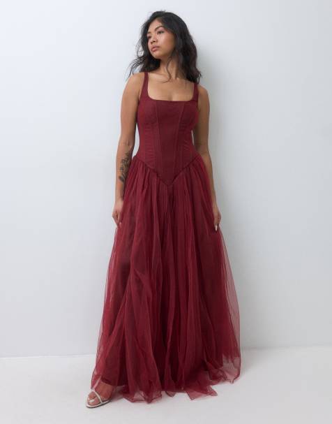 Lace & Beads Petite tulle drop hem corset maxi gown in burgundy