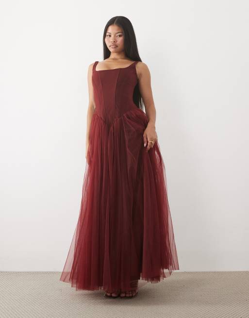 Lace & Beads Petite tulle drop hem corset maxi gown in burgundy, 2 of 4