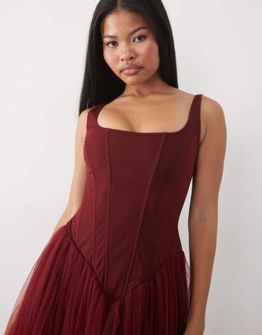 Lace & Beads Petite tulle drop hem corset maxi gown in burgundy, 3 of 4