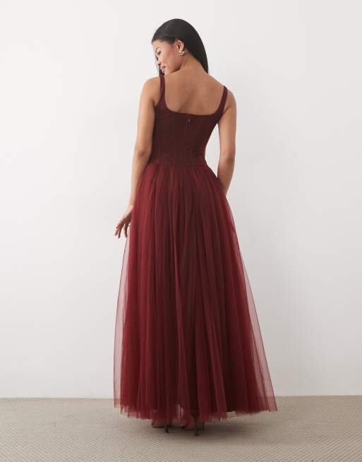 Lace & Beads Petite tulle drop hem corset maxi gown in burgundy, 4 of 4