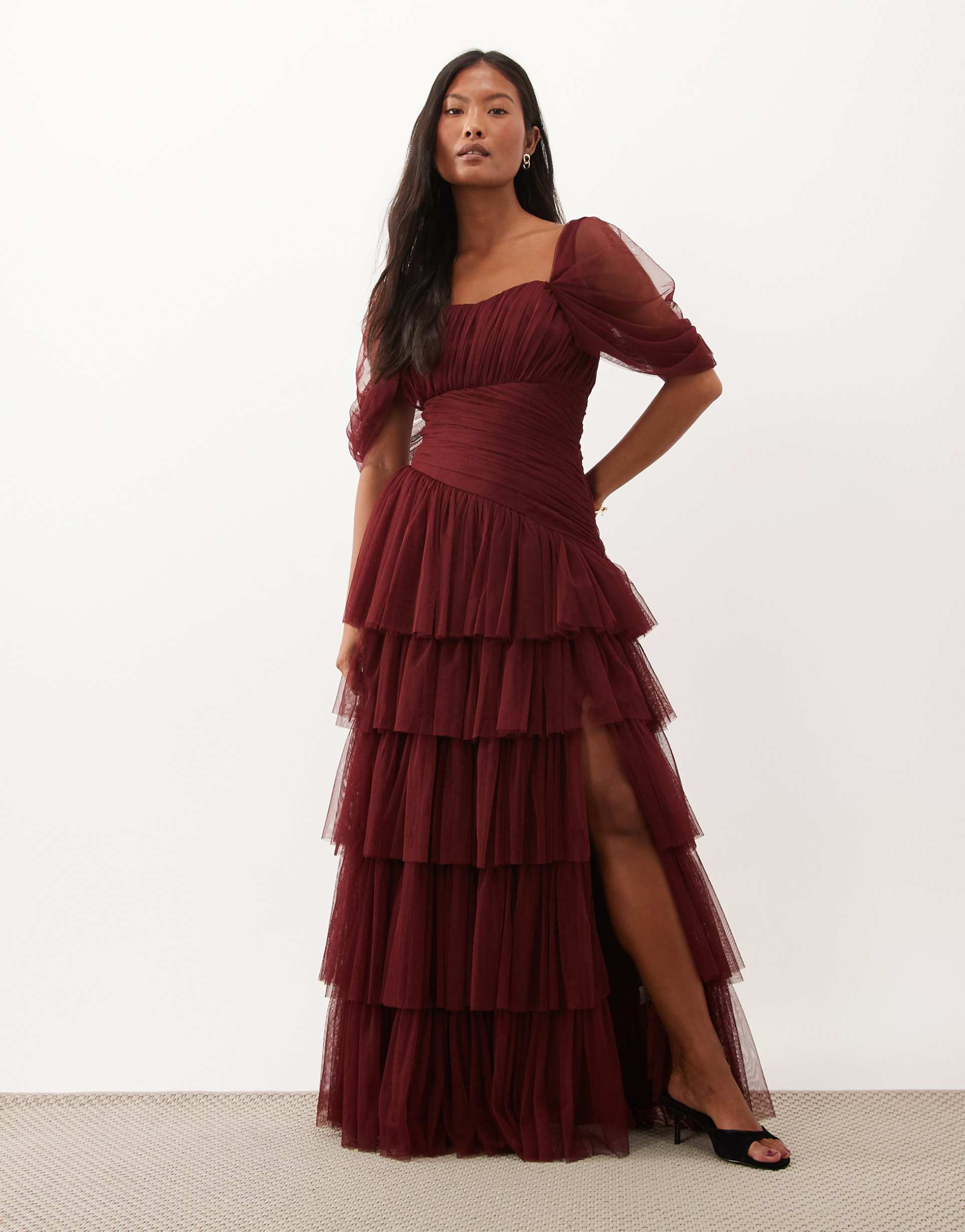 lace & beads petite tulle fallen shoulder asymmetric ruffle detail maxi dress in burgundy