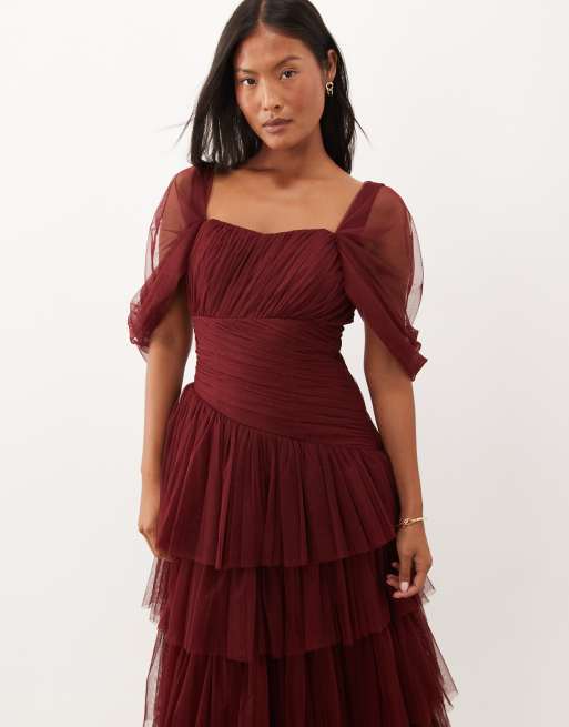 Lace & Beads Petite tulle fallen shoulder asymmetric ruffle detail maxi dress in burgundy, 2 of 4