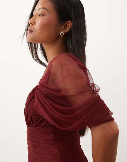 Lace & Beads Petite tulle fallen shoulder asymmetric ruffle detail maxi dress in burgundy, 3 of 4
