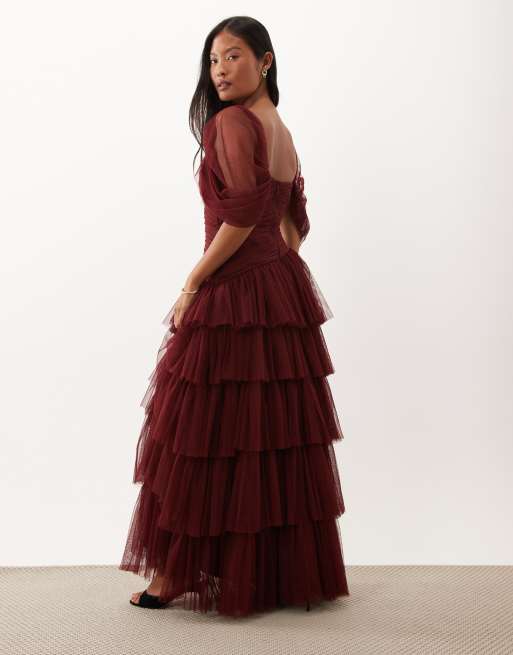 Lace & Beads Petite tulle fallen shoulder asymmetric ruffle detail maxi dress in burgundy, 4 of 4