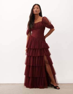 Lace & Beads Petite Tulle Fallen Shoulder Asymmetric Ruffle Detailing Maxi Dress In Red
