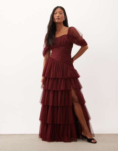Lace & Beads Petite tulle fallen shoulder asymmetric ruffle detailing maxi dress in cabernet - view 1